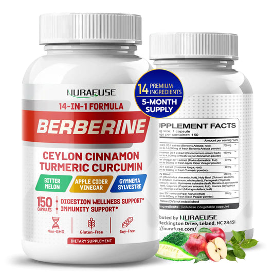 Berberine 14000mg 14-in-1 Supplement with Ceylon Cinnamon Apple Cider Vinegar Turmeric Bitter Melon Holy Basil Milk Thistle Fenugreek Gymnema Banaba - Made in The USA